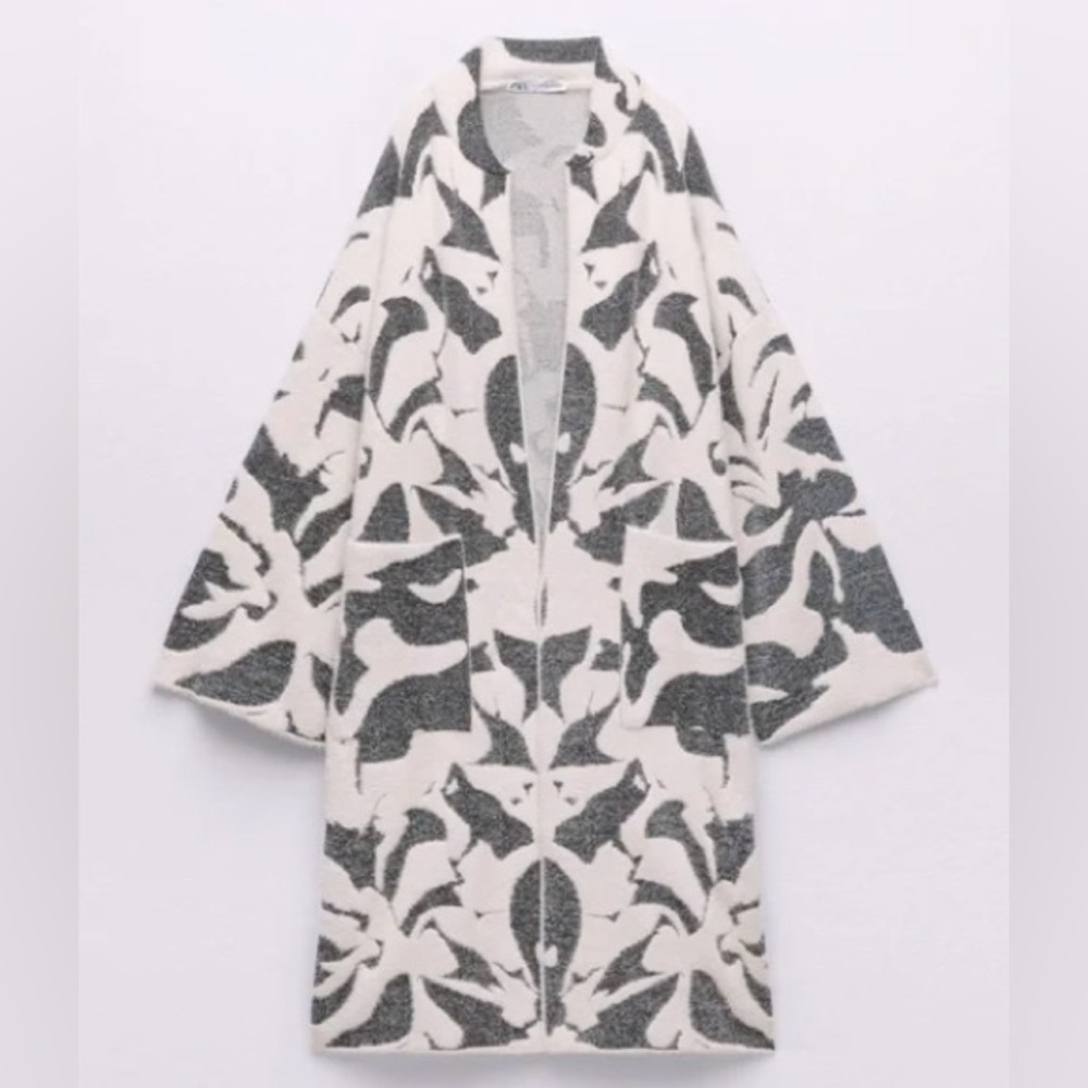 Zara Jacquard Knit Coat - Ecru/Black - XS-S